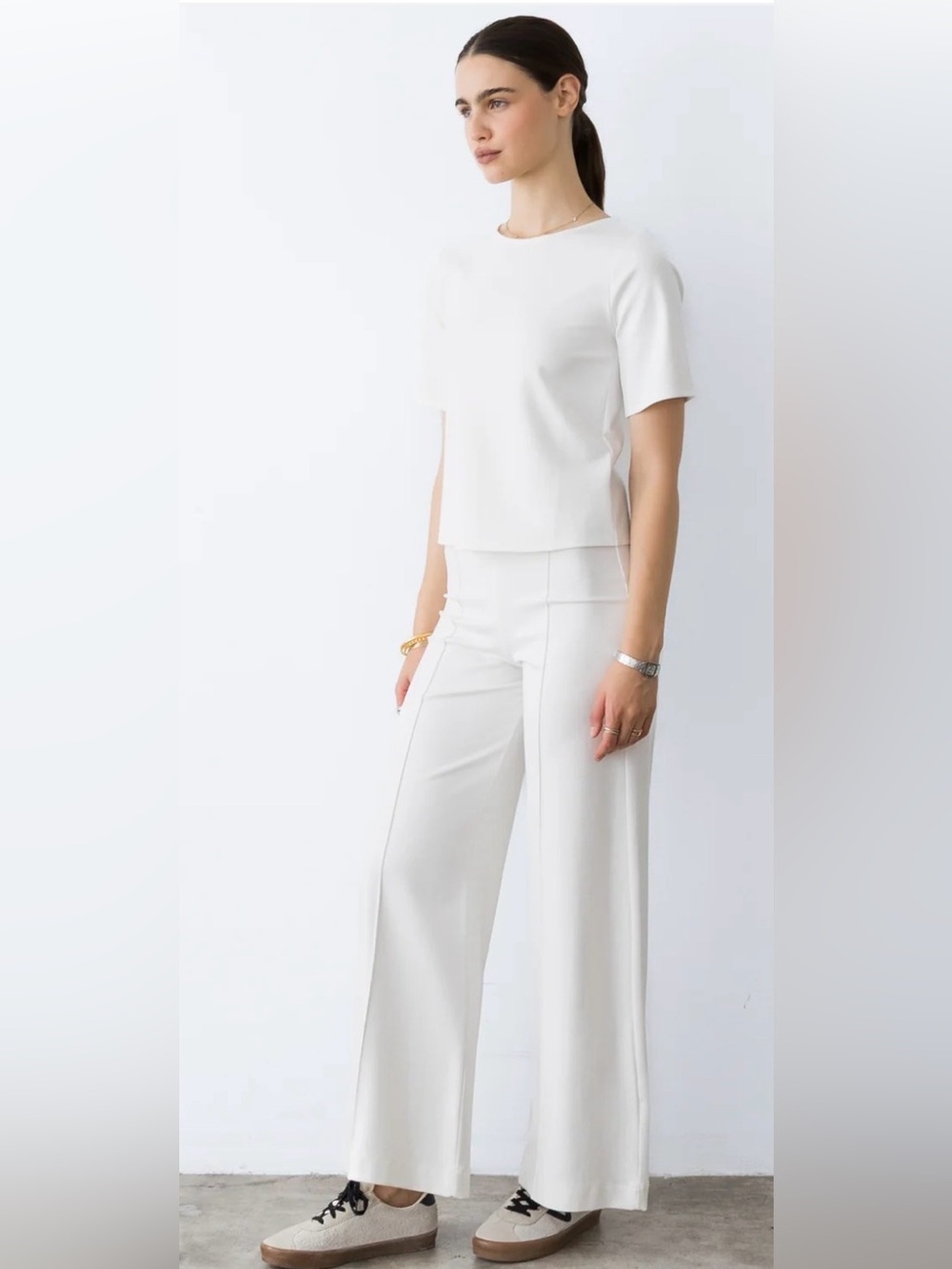 NWT Ripley Rader Wide-Leg Pintuck Wide Band Pants - White / Creme